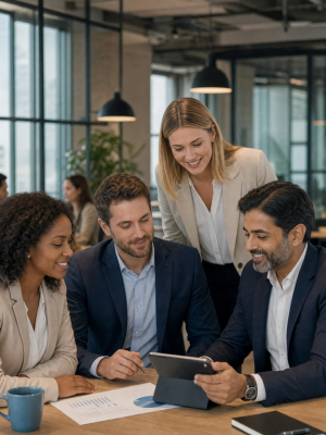 Global business team reviewing growth strategy